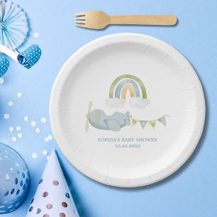 Vintage Airplane Rainbow Clouds Boy Baby Shower Paper Plates
