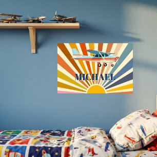 Vintage Airplane Retro Sunset for Boy Room Custom Poster