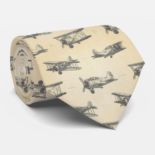 Vintage Airplane Sketch Pattern Neck Tie