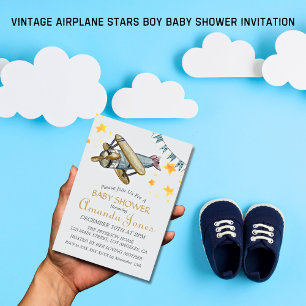 Vintage Airplane Stars Boy Baby Shower Invitation