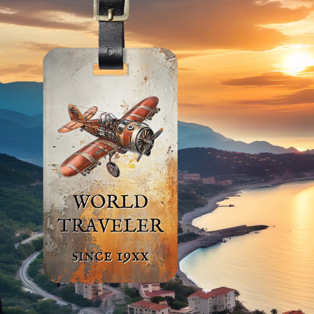 Vintage Airplane Steampunk Luggage Tag (Luggage tag featuring a vintage steampunk airplane on a grunge artistic background - world traveler)