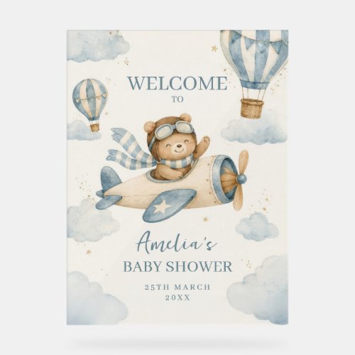 Vintage Airplane Teddy Bear Baby Shower Acrylic Sign