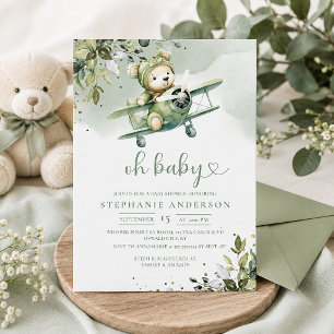 Vintage Airplane Teddy Bear Baby Shower   Invitation