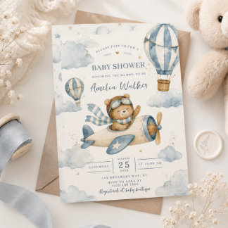 Vintage Airplane Teddy Bear Baby Shower Invitation