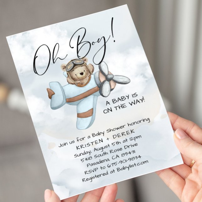 Vintage Airplane Teddy Bear Baby Shower Invitation