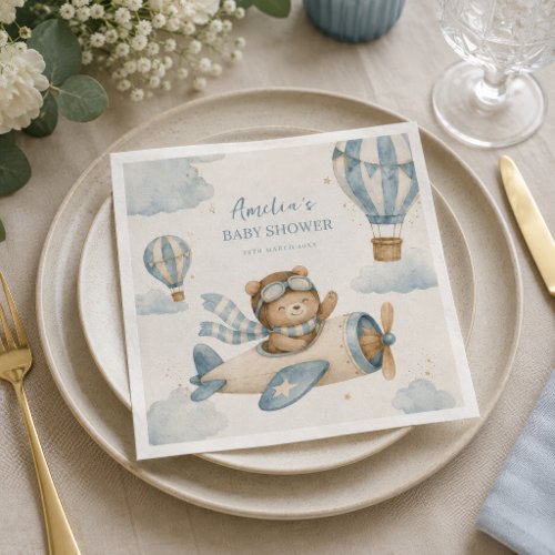 Vintage Airplane Teddy Bear Baby Shower Napkins