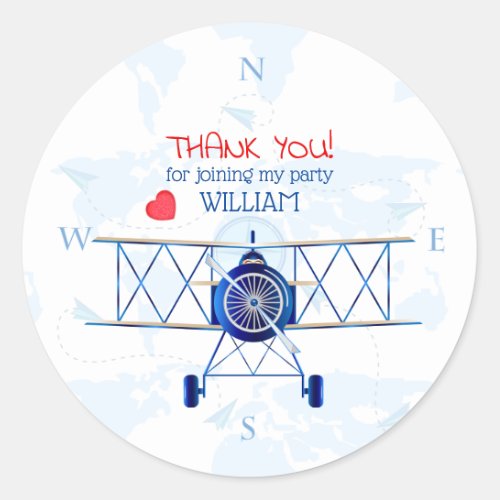 Vintage Airplane Thank You Birthday Party Classic Round Sticker