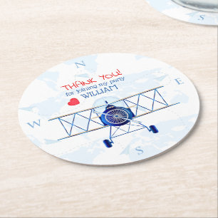 Vintage Airplane Thank You Birthday Party Round Paper Coaster