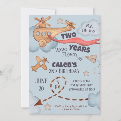 Vintage Airplane Time Flies Blue Birthday Invitation