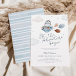 Vintage Airplane Travel Adventure Baby Shower Invitation<br><div class="desc">Celebrate the mom-to-be with this blue and tan vintage travel themed baby shower invitation featuring a watercolor illustration of a cute hippo in an airplane with balloons,  clouds and stars and a blue striped reverse side.</div>