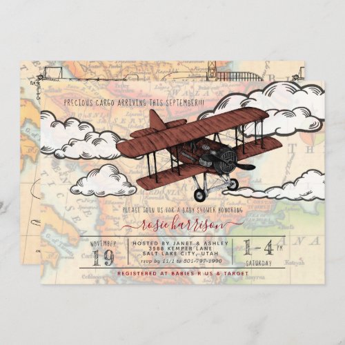 Vintage Airplane  Travel Baby Shower Invitation