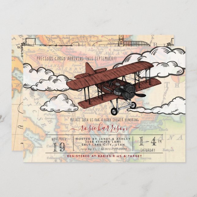 Vintage Airplane | Travel Baby Shower Invitation (Front/Back)