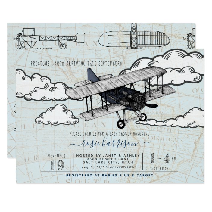 vintage airplane baby shower invitations