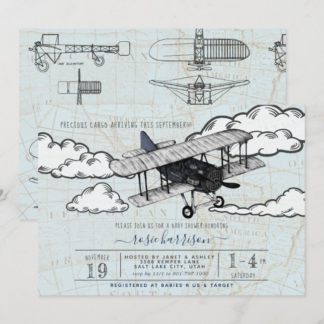 Vintage Airplane | Travel Baby Shower Invitation (Front/Back)