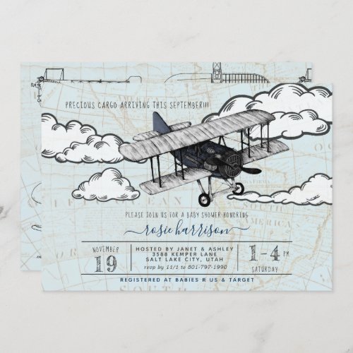 Vintage Airplane  Travel Baby Shower Invitation