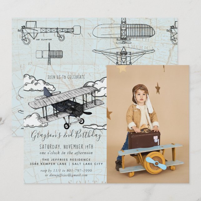 Vintage Airplane | Travel Birthday Party Invitation (Front/Back)