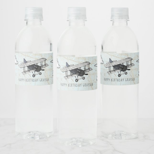 Vintage Airplane Travel Party Water Bottle Label (Bottles)