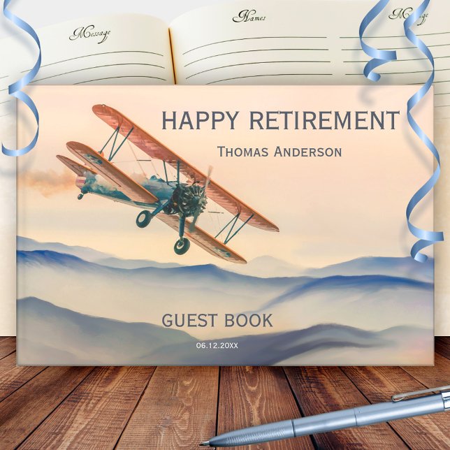 Vintage Airplane Travel Retirement Guest Book (Retro retirement guest book featuring a painting of a vintage airplane on a hilly landscape)