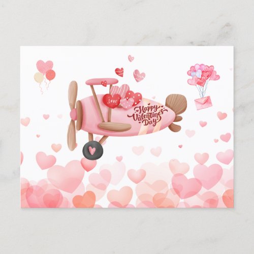 Vintage Airplane Valentines Day Hearts Balloons Postcard