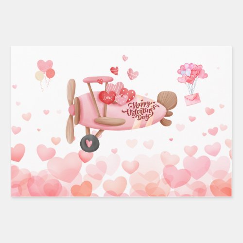 Vintage Airplane Valentines Day Hearts Balloons Wrapping Paper Sheets