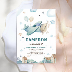 Vintage Airplane Watercolor Boy Birthday Invitation