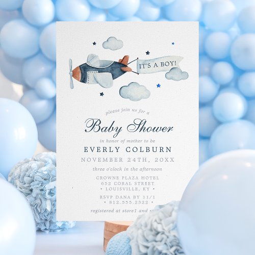 Baby Shower Invitations 6 Vintage Airplane Watercolor It'S A Boy Baby Shower Invitation