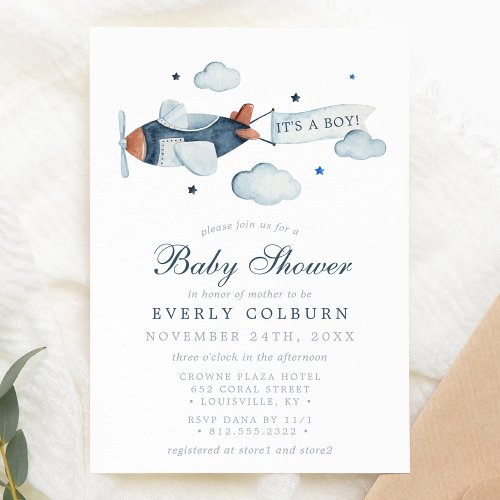Vintage Airplane Watercolor Its A Boy Baby Shower Invitation