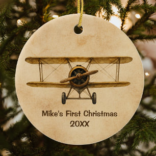 Vintage Airplane Whimsical Aviator 1st Christmas Ceramic Ornament