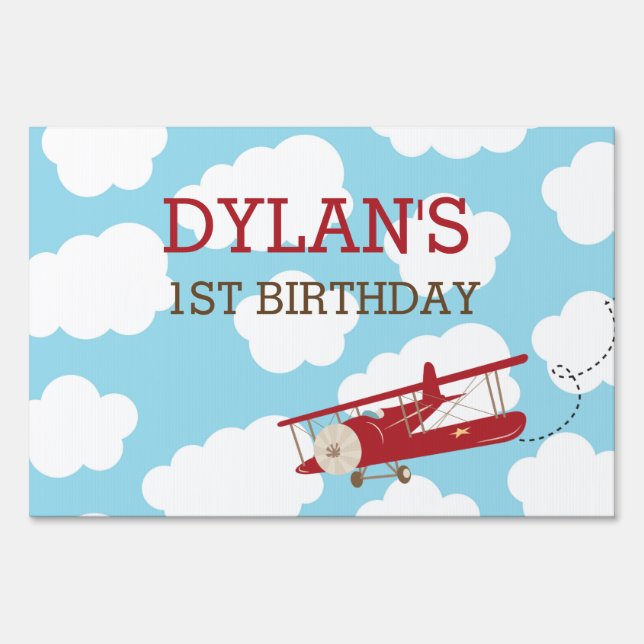 Vintage Airplane Yard Sign Boys Birthday Blue Red (Front)