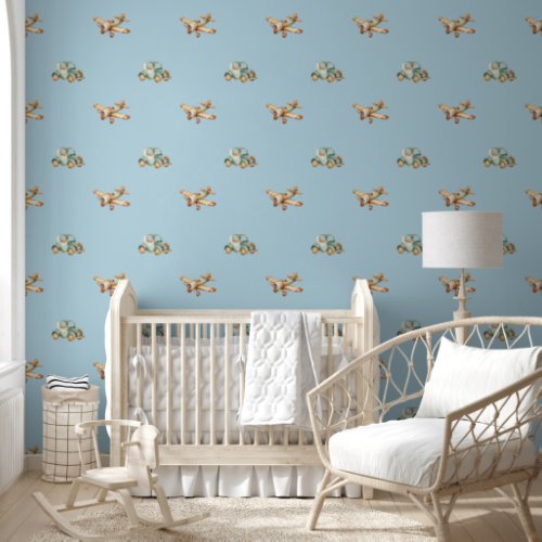 Vintage Airplanes and Cars Pattern Baby Nursery Wallpaper