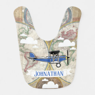 Vintage Airplanes & World Map with Baby's Name Baby Bib
