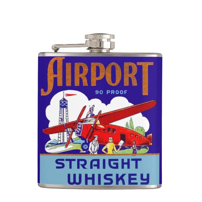 Vintage Airport Whiskey Label Airplane Pilot Flask (Front)