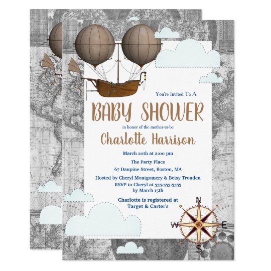 vintage airship clouds world travel baby shower invitation travel baby shower invitations