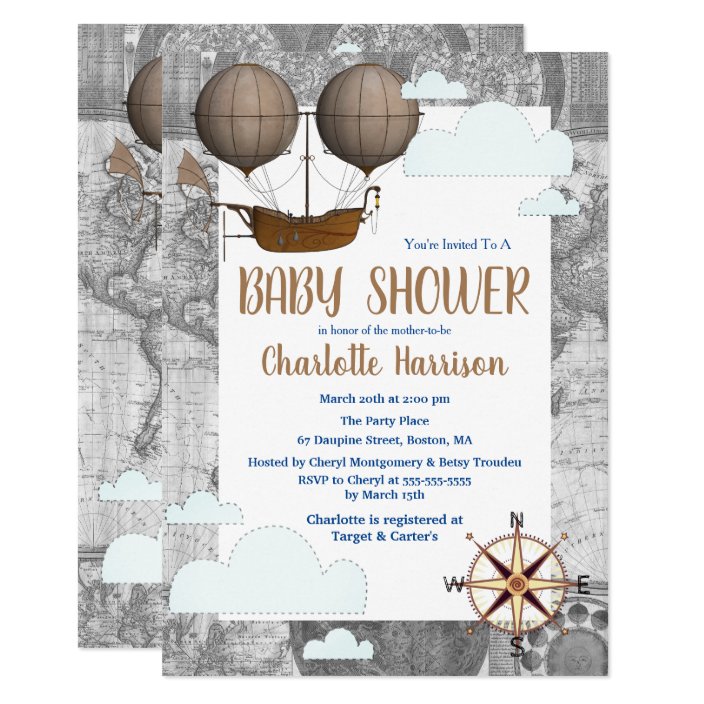 Vintage Airship Clouds World Travel Baby Shower Invitation