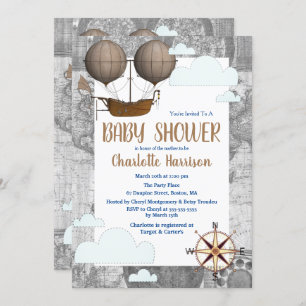 Vintage Airship & Clouds World Travel Baby Shower Invitation
