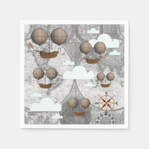 Vintage Airship Dirigible World Map  Clouds Napkins
