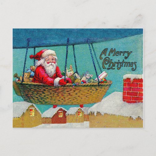 Vintage Airship Santa Christmas Holiday Postcard
