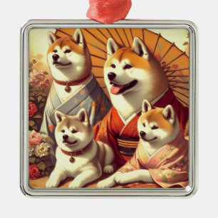 Vintage Akita Dog Painting Metal Ornament