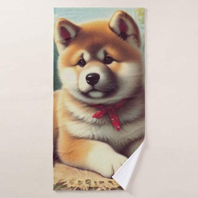 Vintage Akita Oil Painting Bath Towel (Bath Towel)