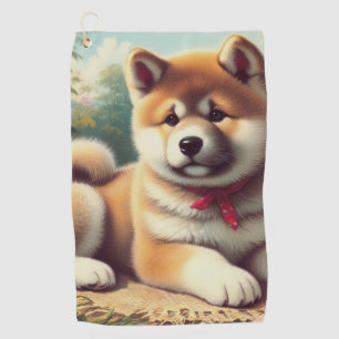 Vintage Akita Oil Painting Golf Towel