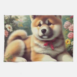 Vintage Akita Oil Painting Kitchen Towel