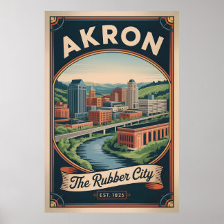 Vintage Akron Ohio Retro Travel Poster Illustratio