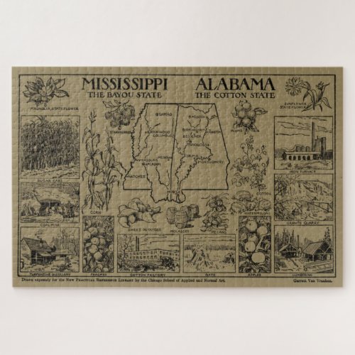 Vintage Alabama and Mississippi Illustrative Map Jigsaw Puzzle