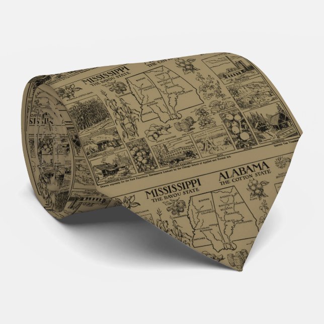 Vintage Alabama and Mississippi Illustrative Map Neck Tie (Rolled)