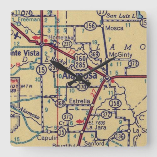Vintage Alamosa CO Map Square Wall Clock