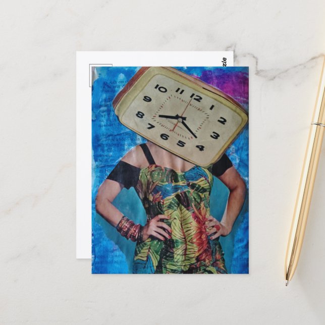 Vintage Alarm Clock Head Woman Surreal Collage Postcard (Front/Back In Situ)