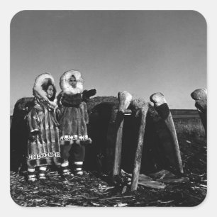 Vintage Alaska Fur clad eskimo arctic sod igloo 70 Square Sticker