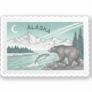 Vintage Alaska Grizzly Bear Salmon Mountain Stamp Sticker