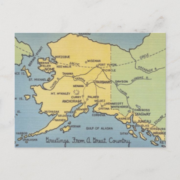 Vintage Alaska Map - Bering Strait, Nome, Barrow Postcard | Zazzle