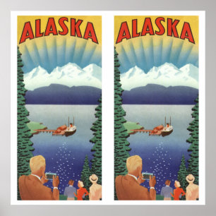 Vintage Alaska Travel Poster Art, Scenic Landscape